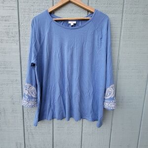 J Jill Cotton Modal Embroidered Sleeve Blouse sz L Blue Ivory Fem Minimalist Com